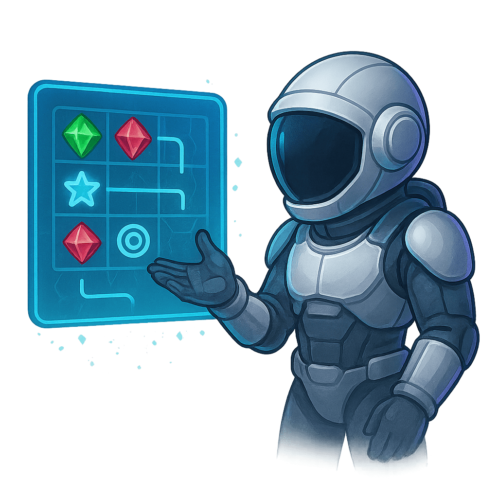 Astronaut explaining slot mechanics and paytables